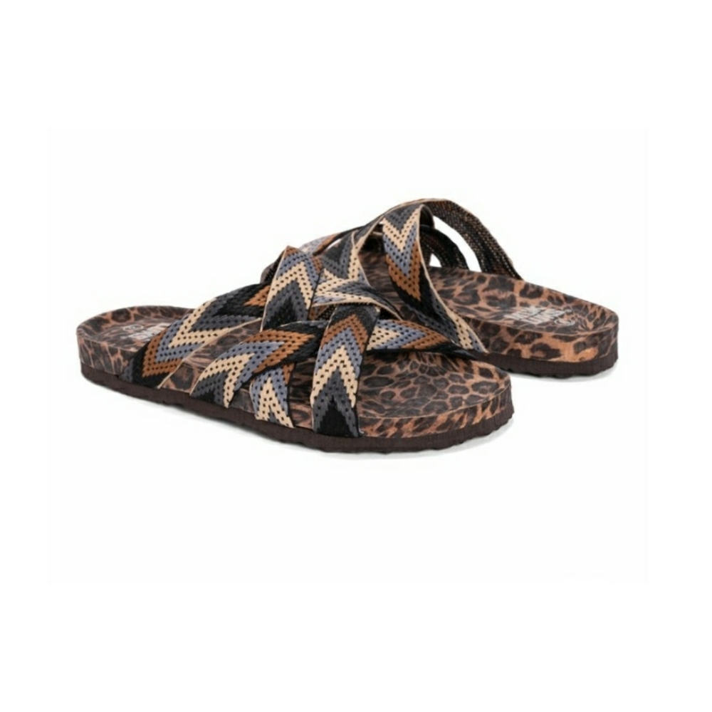 Muk Luks Black and Tan Leopard Sandals